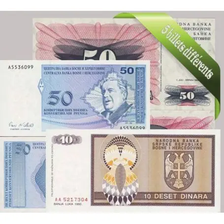 Bosnie : Bel ensemble de 5 billets de banque de collection. Commander Maintenant