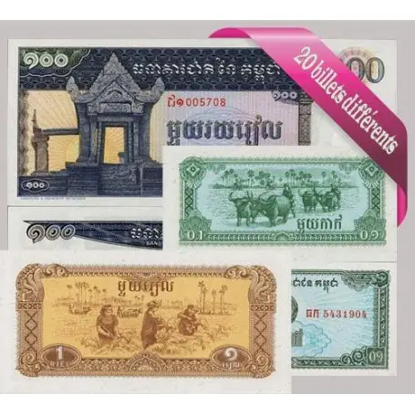 Belle collection de 20 billets de banque tous différents de Cambodge Seulement Aujourd’hui