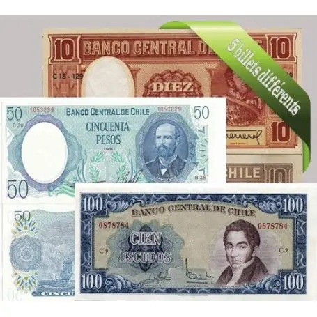 Livraison Express Chili - Collection de 5 billets de banque tous différents.