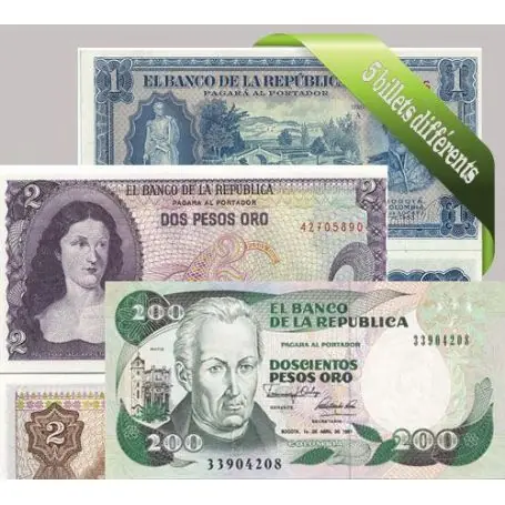 Vente Directe Colombie - Collection de 5 billets de banque tous différents.