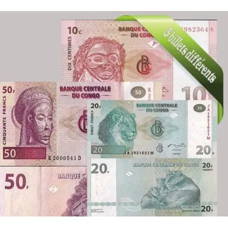 Congo : Bel ensemble de 5 billets de banque de collection. Top Qualité