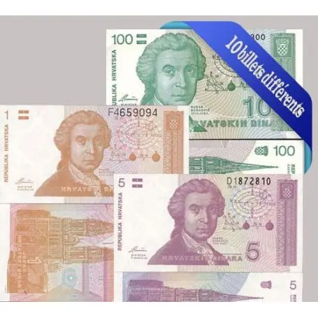 Croatie - Collection de 10 billets de banque tous différents. Expédition Rapide
