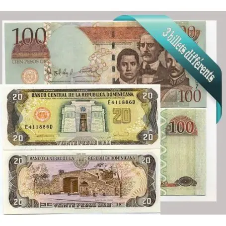 Dominicaine : Bel ensemble de 3 billets de banque de collection. Certifié