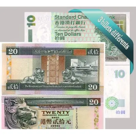 Promotion Belle collection de 3 billets de banque tous différents de Hong Kong