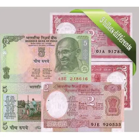 Usine Directe Inde : Bel ensemble de 5 billets de banque de collection.