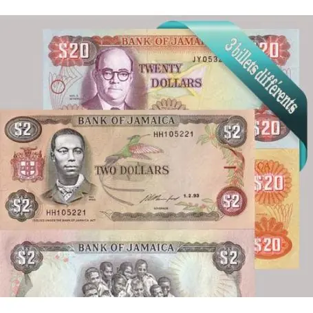 Populaire Jamaique : Bel ensemble de 3 billets de banque de collection.