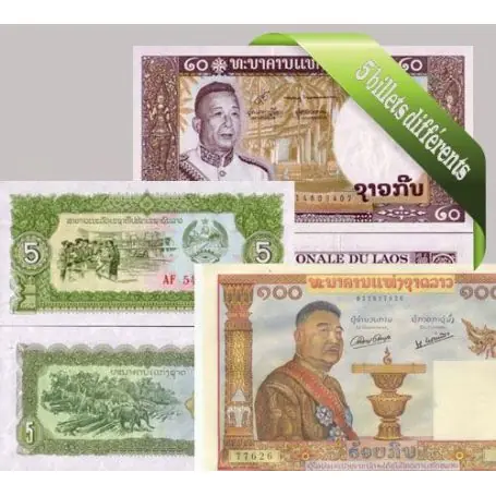 Vente Flash Laos : Bel ensemble de 5 billets de banque de collection.