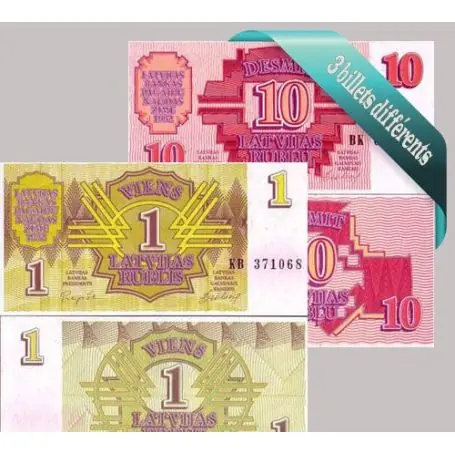 Lettonie : Bel ensemble de 3 billets de banque de collection. Réduction