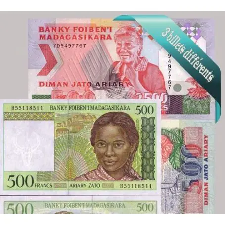 Madagascar : Bel ensemble de 3 billets de banque de collection. Vente Directe