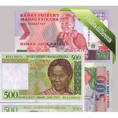Commander Vite Madagascar - Collection de 5 billets de banque tous différents.