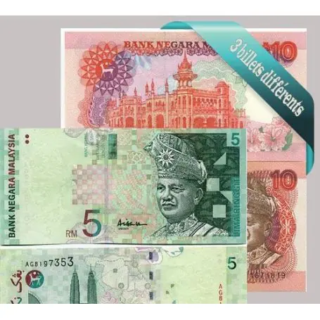 Malaisie - Collection de 3 billets de banque tous différents. Certifié