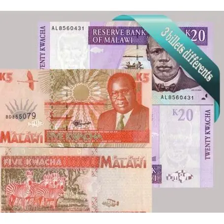 Meilleure Qualité Malawi - Collection de 3 billets de banque tous différents.