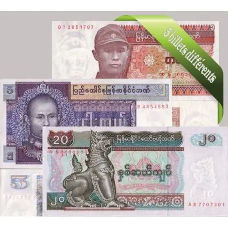 Offre Limitée Myanmar : Bel ensemble de 5 billets de banque de collection.