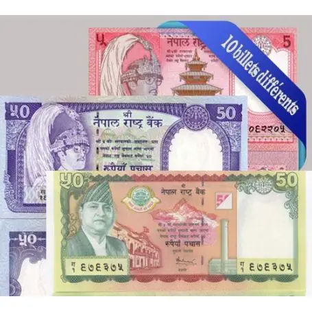 Belle collection de 10 billets de banque tous différents de Nepal Nouvel Arrivage