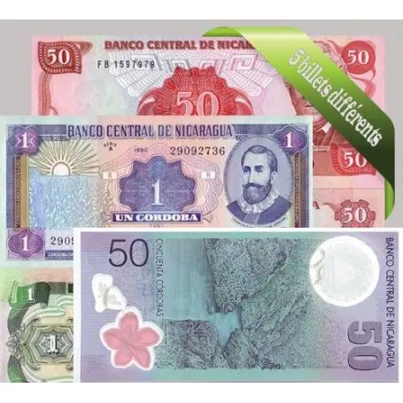 Commander Vite Nicaragua : Bel ensemble de 5 billets de banque de collection.