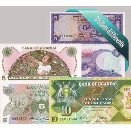 Ouganda - Collection de 3 billets de banque tous différents. Certifié