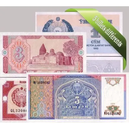 Nouvel Arrivage Ouzbekistan : Bel ensemble de 5 billets de banque de collection.
