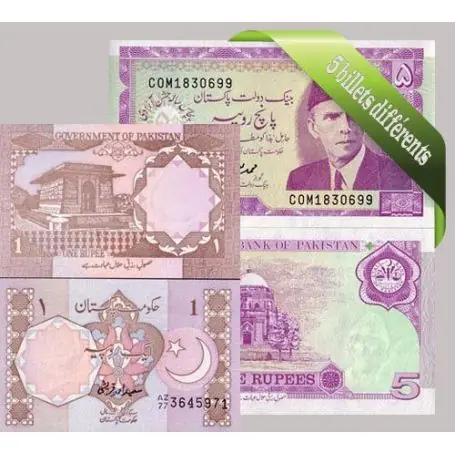Marque Pakistan : Bel ensemble de 5 billets de banque de collection.