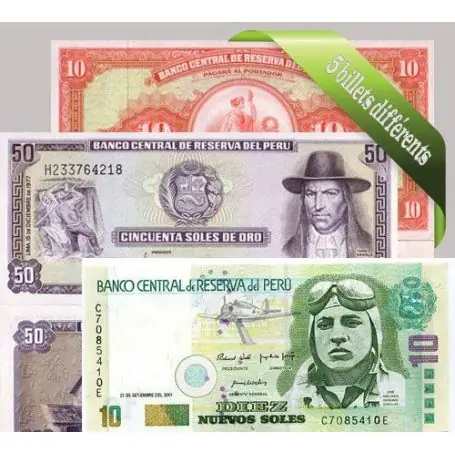 Artisanat Perou : Bel ensemble de 5 billets de banque de collection.