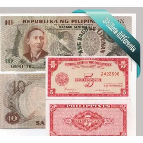 Prix Bas Philippines : Bel ensemble de 3 billets de banque de collection.