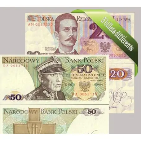 Réduction Pologne : Bel ensemble de 5 billets de banque de collection.