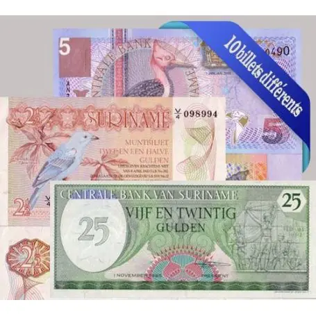 Belle collection de 10 billets de banque tous différents de Suriname Réduction