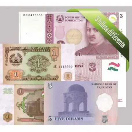 Marque Tadjikistan : Bel ensemble de 5 billets de banque de collection.