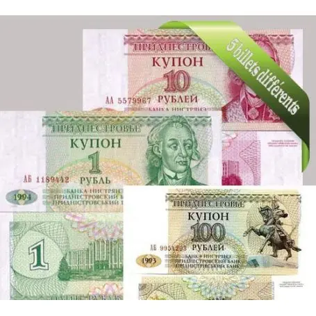 Gros Lot Trans Denestria : Bel ensemble de 5 billets de banque de collection.