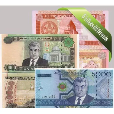 Original Turkmenistan - Collection de 5 billets de banque tous différents.