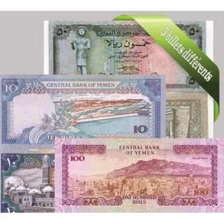Acheter En Ligne Yemen - Collection de 5 billets de banque tous différents.