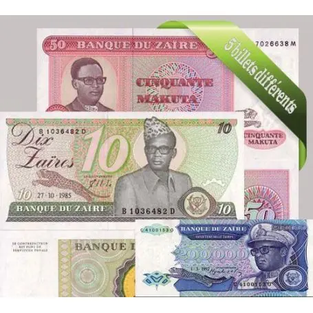 Commander Maintenant Zaire : Bel ensemble de 5 billets de banque de collection.