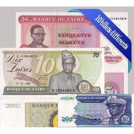 Offre Limitée Zaire - Collection de 10 billets de banque tous différents.
