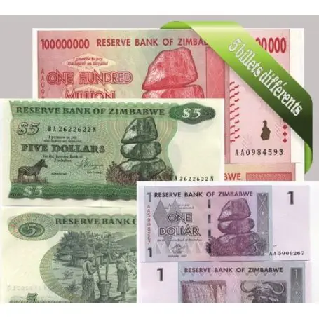Zimbabwe - Collection de 5 billets de banque tous différents. Commander Vite