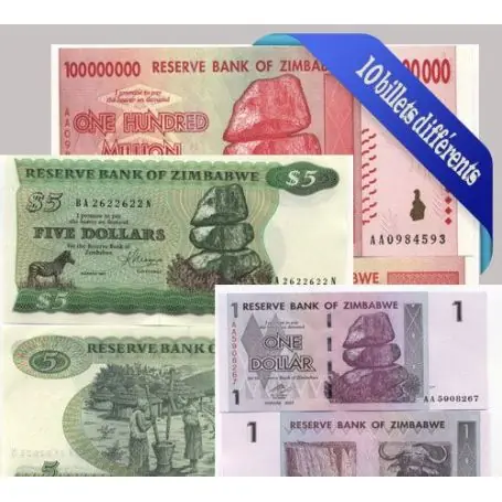 Belle collection de 10 billets de banque tous différents de Zimbabwe Achat Immédiat