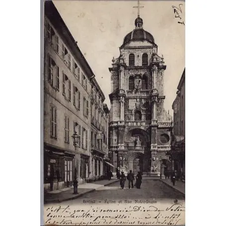 Carte postale 01 - Bourg - Eglise et rue Notre-Dame - Voyage - Dos non divise... Original