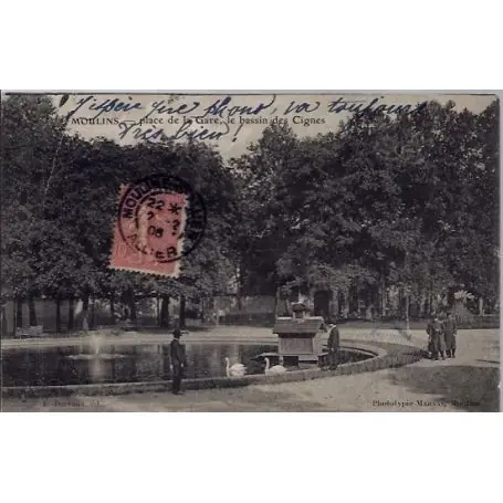 Carte postale 03 - Moulins - Place de la gare - Le bassin des Cignes - Voyage - Dos divise... Marque