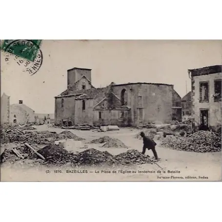 Carte postale 08 - Bazeilles - La place de l'eglise au lendemain de la bataille - Voyage -... Édition Limitée