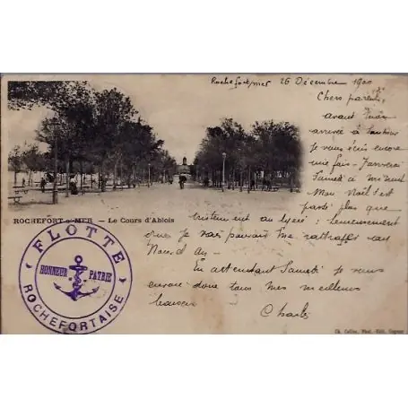 Carte postale 17 - Rochefort-sur-Mer - Le cours d' Ablois - Cachet de la flotte rochefor..." Nouvel Arrivage