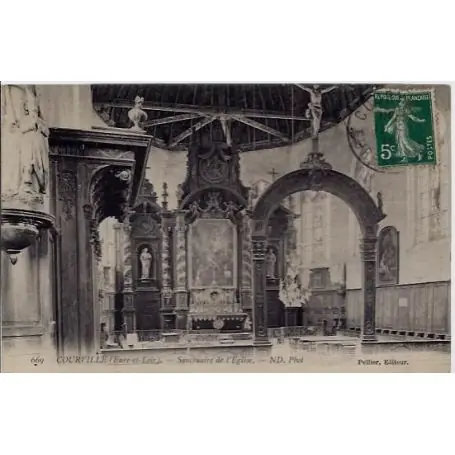 Carte postale 28 - Courville - Sanctuaire de l'eglise - Voyage - Dos divise Livraison Mondiale