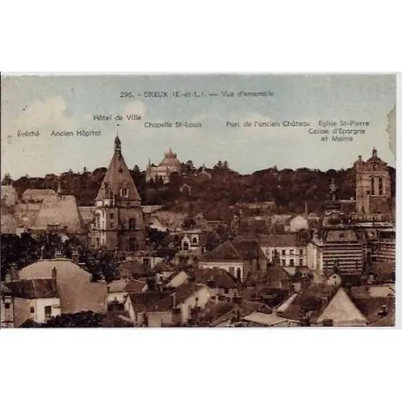 Dernier Modèle Carte postale 28 - Dreux - Vue d'ensemble - Hotel de ville - Ancien Hopital - Parc de l'anci