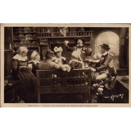 Carte postale 29 - En Bretagne - Chacun sa chanson au repas de fiancailles - Voyage - Dos... Prix Bas