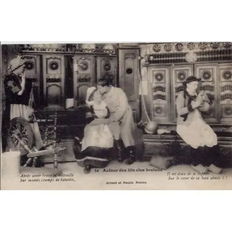 Carte postale 56 - Autour des lits clos bretons : Apres avoir brave la mitraille sur maints" Expédition Rapide