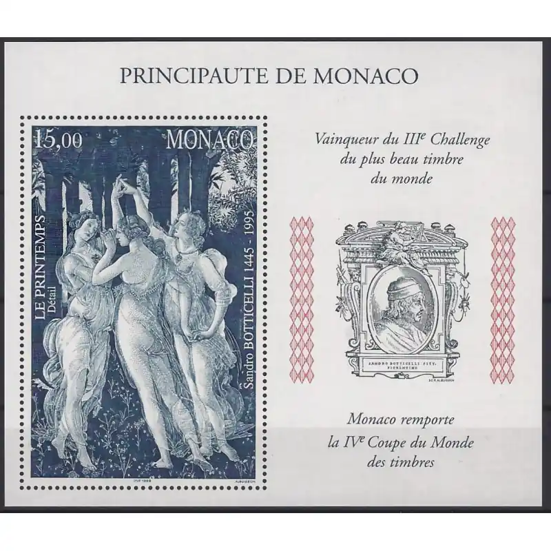 Meilleure Vente Monaco bloc-feuillet de timbres N°77 Le Printemps - Botticelli neuf**.