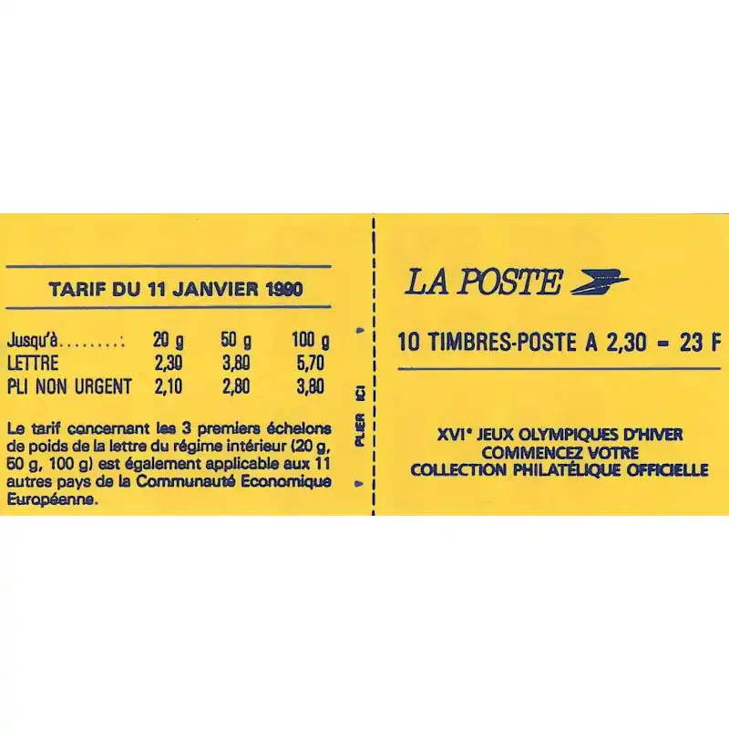 Carnet de 10 timbres Marianne de Briat Jeux olympiques d'hiver. Petit Prix