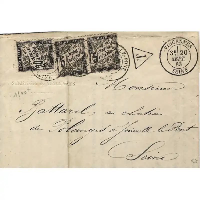Meilleur Choix Timbres-taxe N°17 et 14 paire oblitérés sur pli de Vincennes 1883.