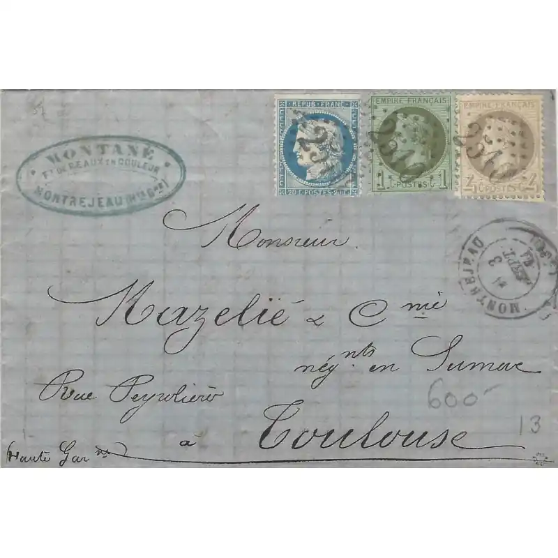 Affranchissement tricolore de septembre 1871 sur pli Montréjeau. Offre Exclusive