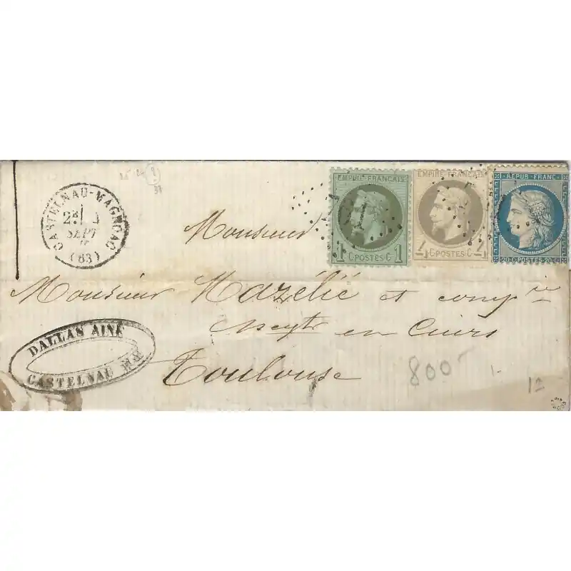 Petit Prix Affranchissement tricolore de septembre 1871 sur pli Castelnau-Magnoac.