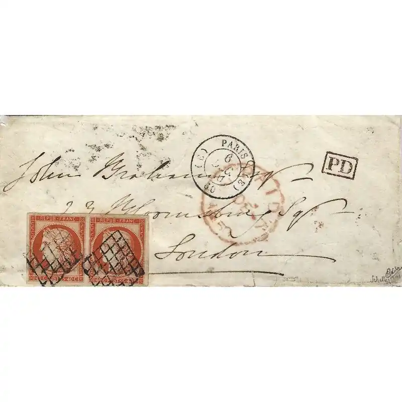 Cérès non dentelé N°5 paire oblitéré grille sur lettre pour Londres 1850. R Affaire À Saisir
