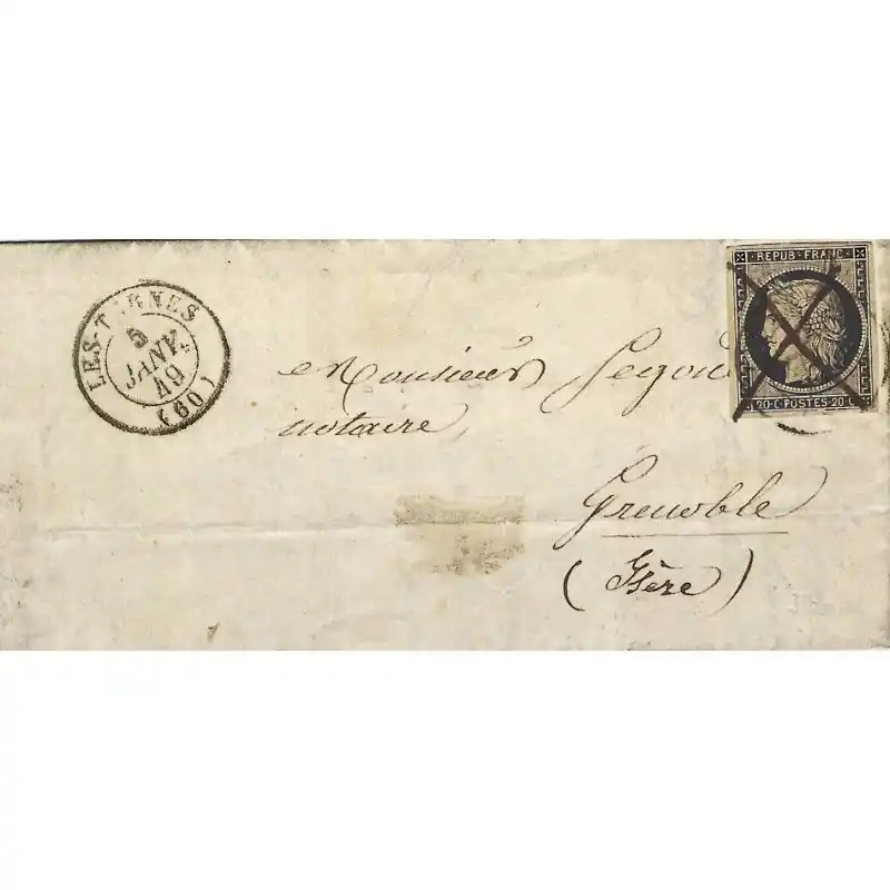 Prix Bas Cérès non dentelé N°3 oblitéré plume + càd sur lettre du 5 janvier 1849. R