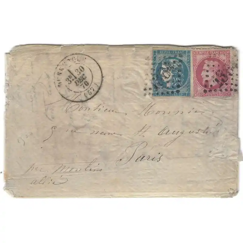 Vente Directe Boule de Moulins enveloppe de Dunkerque 30 décembre 1870 pour Paris. R
